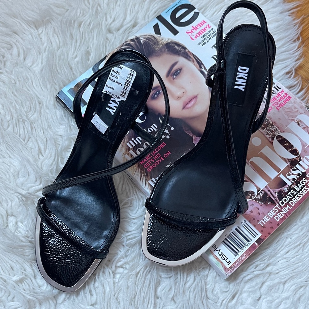 New DKNY Danielle Stiletto Glossy Black Strappy Sandals Heels - Picture 8 of 14